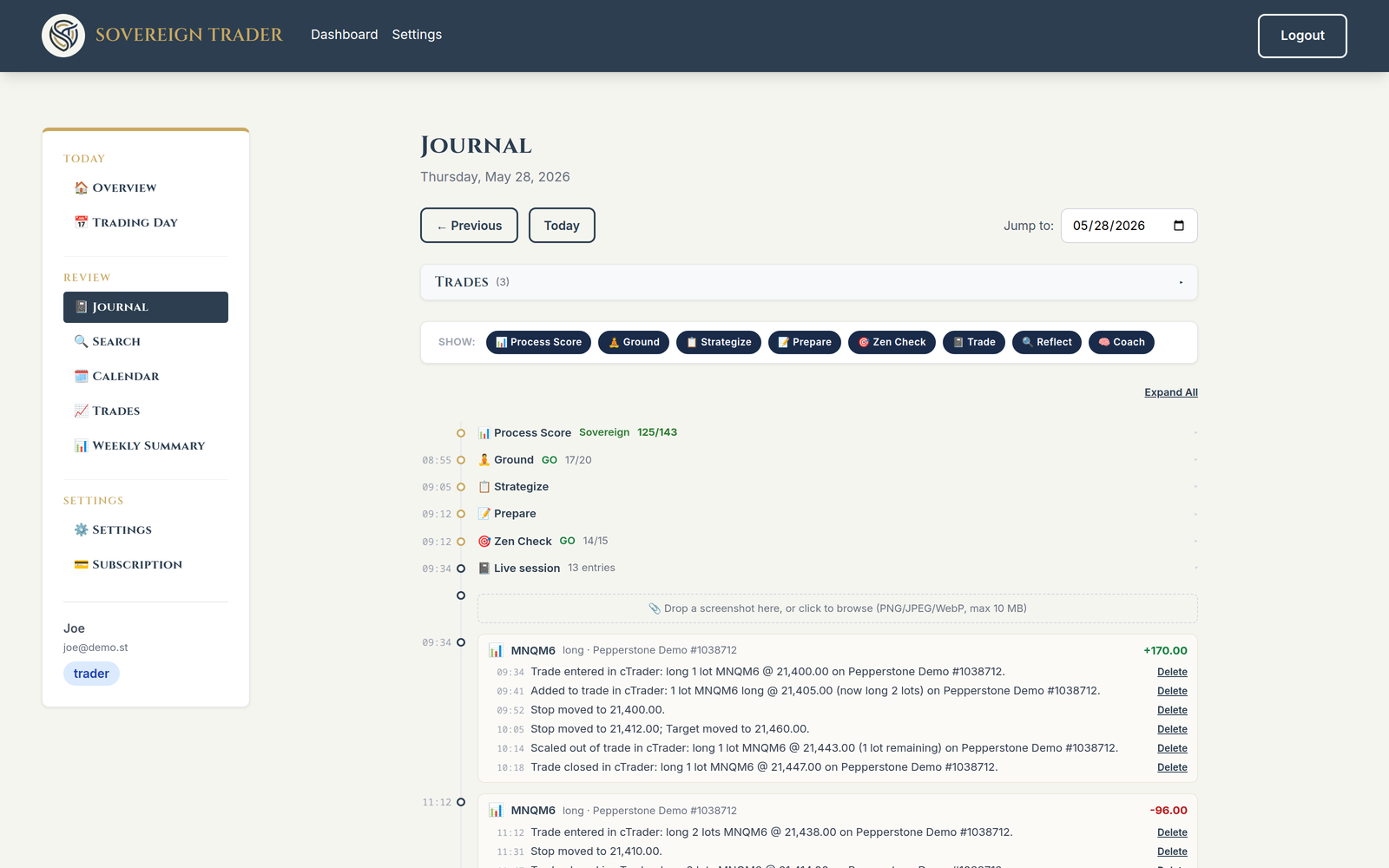 The day's journal timeline: voice notes and auto-captured trades side by side